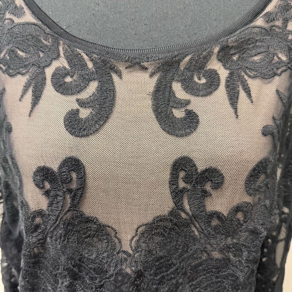 NIC+ZOE Black Lace Sheer Floral Mesh Blouse Long Sleeve Romantic Top XL - Picture 3 of 10